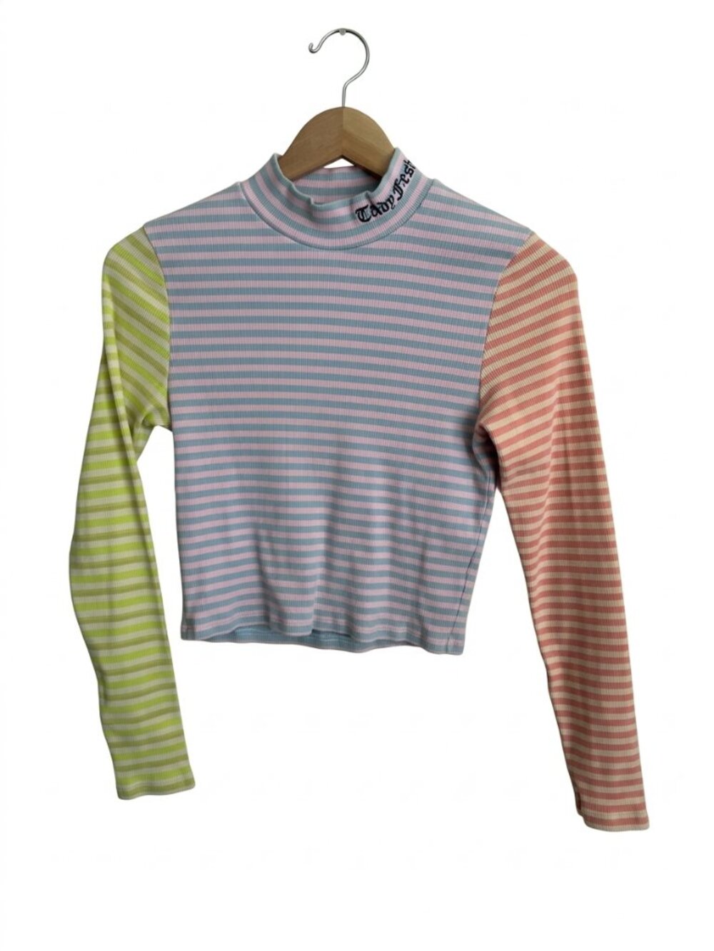 Teddy Fresh Mismatched Stripe Mock Neck Crop Top L Ribbed Colorblock Long Sleeve